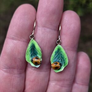 Sterling Silver Enamel Ladybug Leaf Artisan Earrings